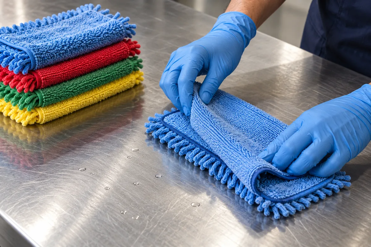 Mains gantées pliant des franges microfibre propres sur un plan de travail en inox
