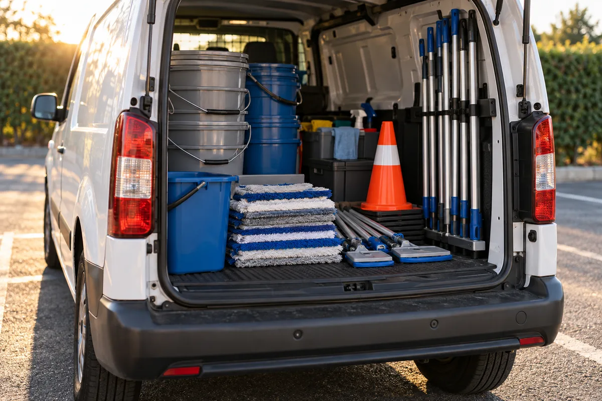 Coffre ouvert d&rsquo;un utilitaire avec seaux empilés et manches de balais alignés sur un parking