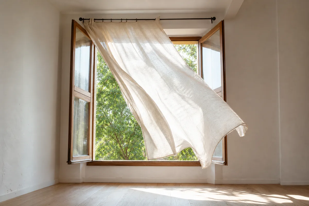 Fenêtre ouverte dans une chambre claire, rideau soulevé par le courant d’air