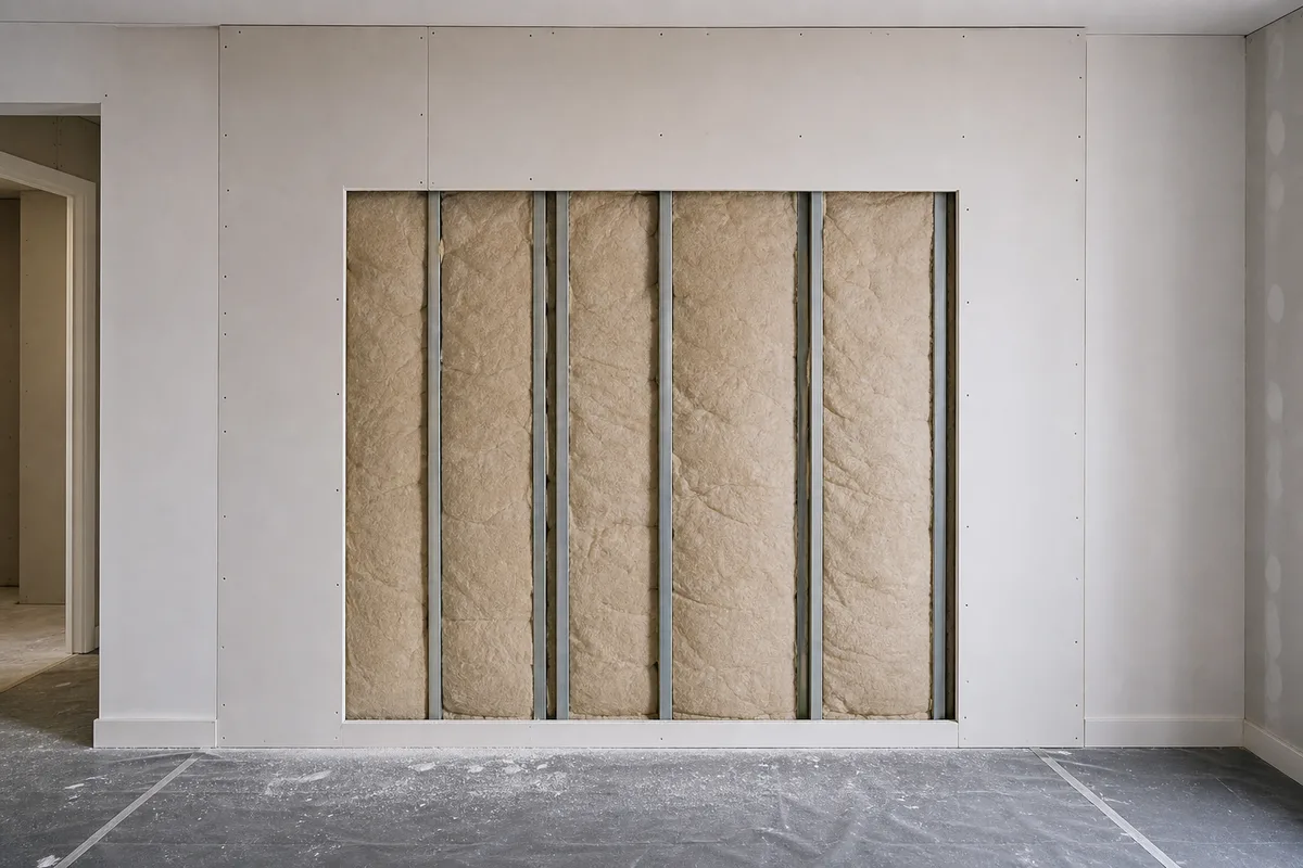 Pan de mur en plâtre nu, plaque découpée révélant la structure derrière