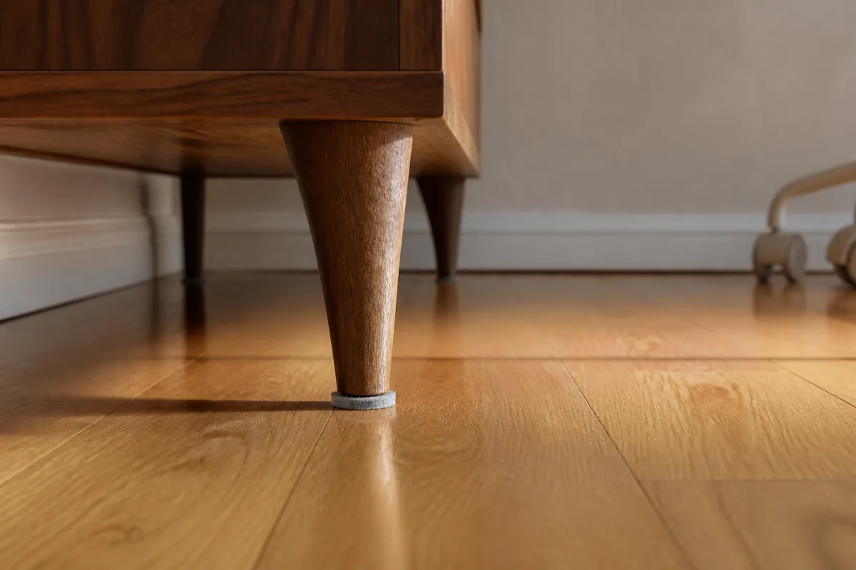 Angle de pièce lumineuse, pied de meuble en bois posé sur un parquet clair fraîchement entretenu