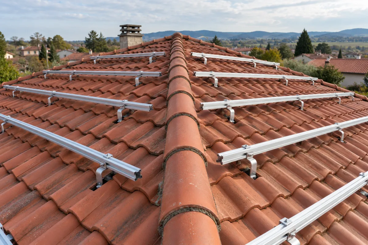 Rails de fixation en aluminium posés sur des tuiles avant les modules