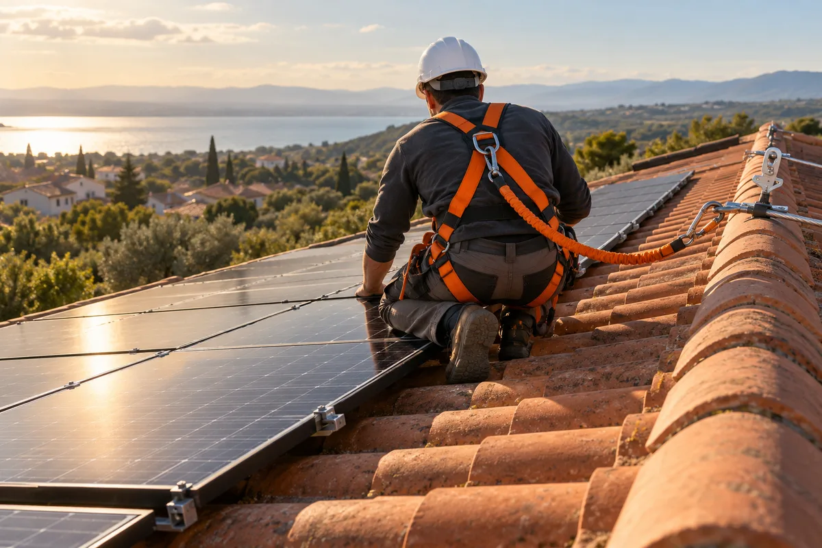 Couvreur vu de dos, harnaché à une ligne de vie, sur un toit solaire