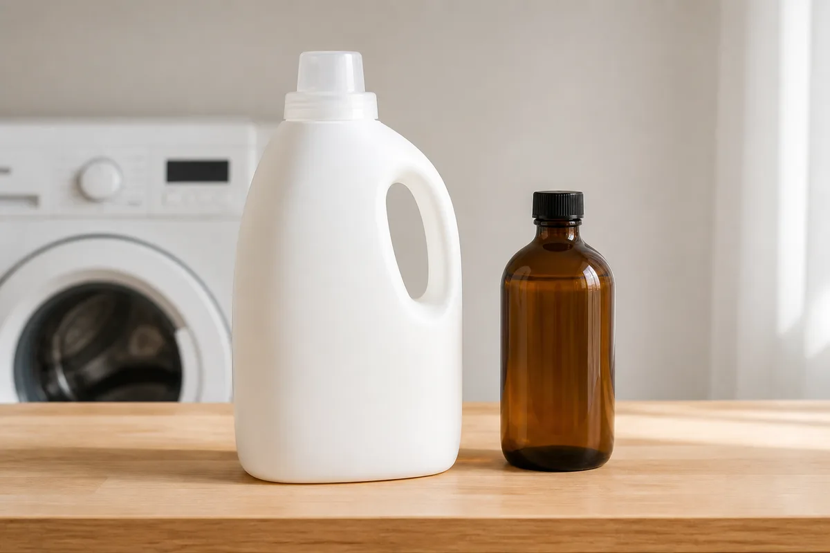 Bidon de lessive sans étiquette posé près d&rsquo;un lave-linge blanc dans une buanderie lumineuse