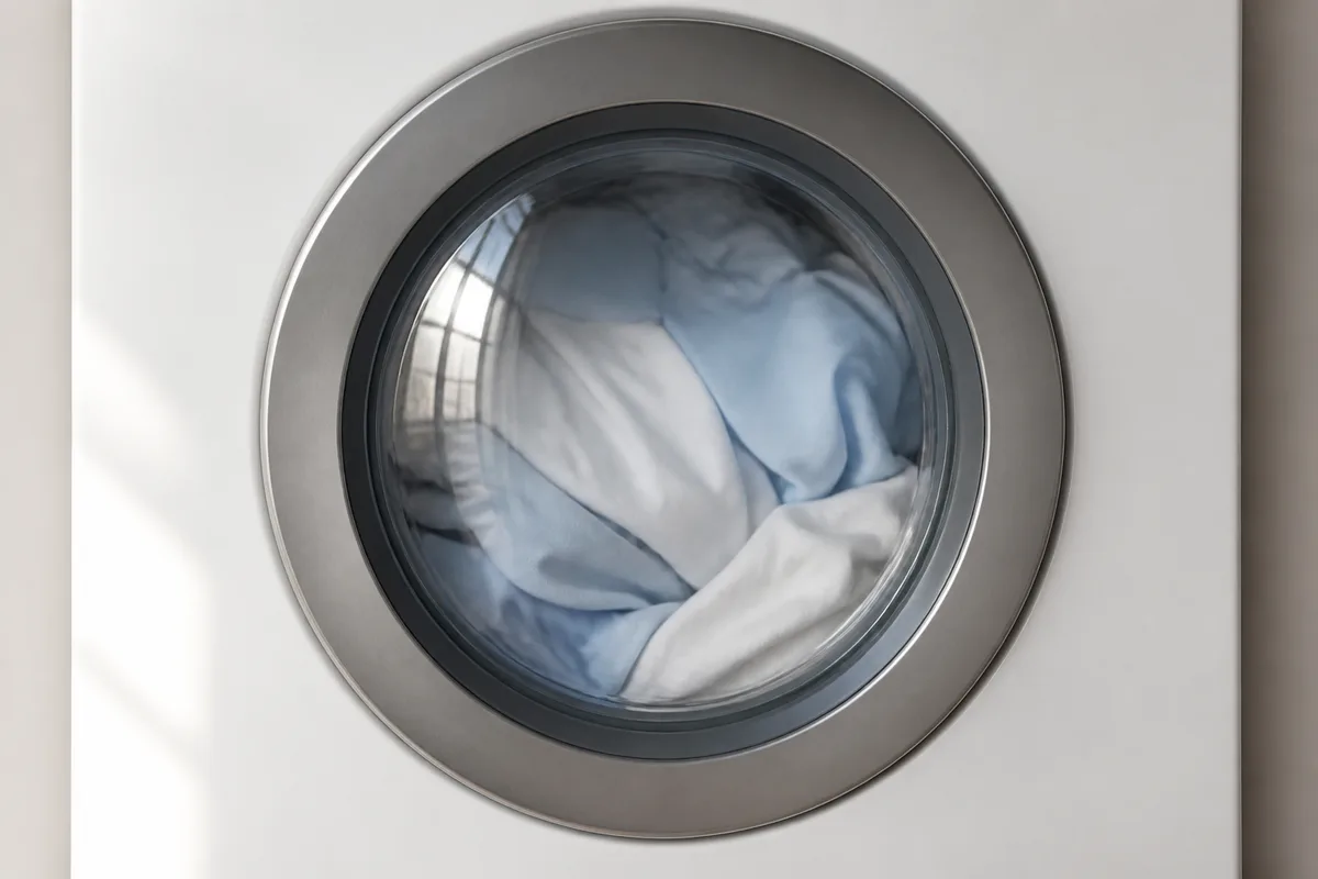 Hublot fermé d&rsquo;un lave-linge vu de face, linge clair visible derrière la vitre