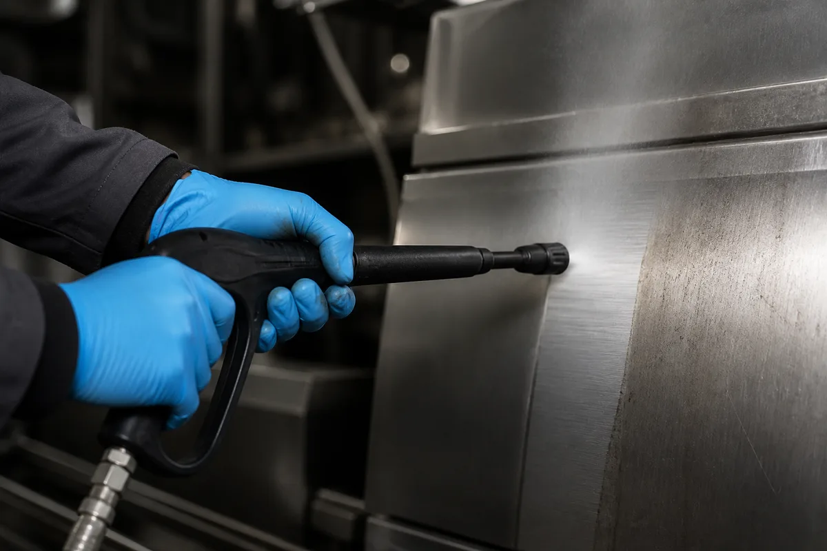 Mains gantées tenant une lance de projection devant le flanc en inox d&rsquo;une machine industrielle