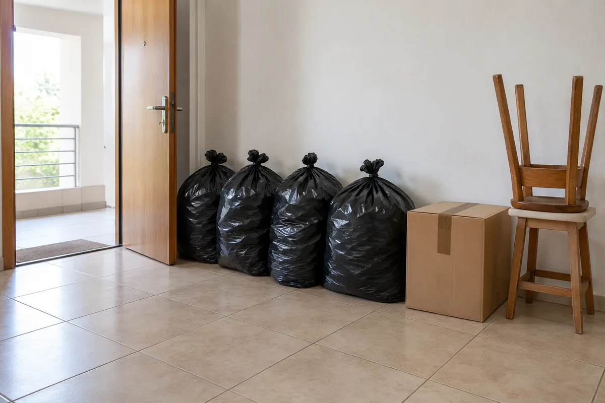 Sacs de déchets fermés alignés près de la porte d&rsquo;entrée d&rsquo;un appartement en cours de débarras