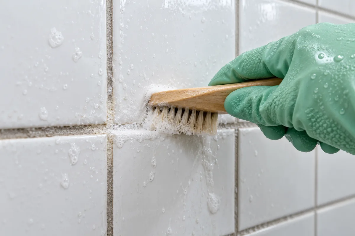Brosse à joints frottant les joints d&rsquo;un carrelage blanc de salle de bains