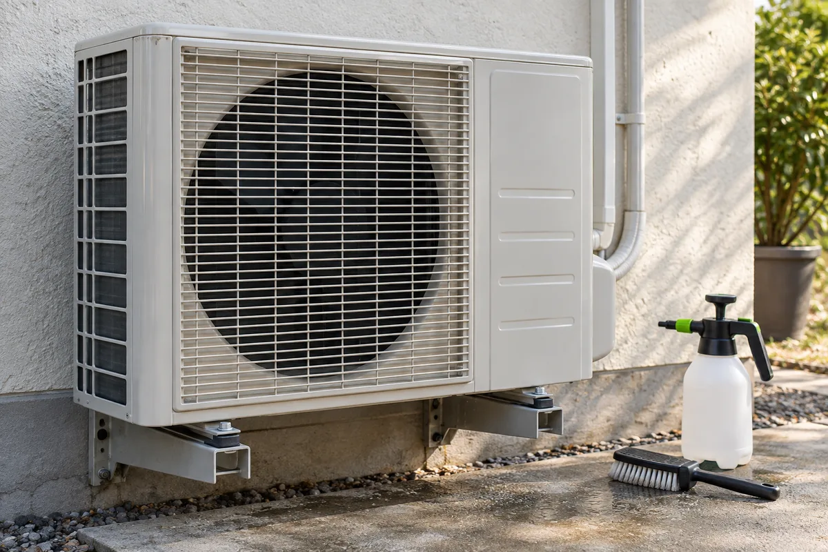 Unité extérieure de climatisation vue de près, grille et ailettes, brosse douce posée au sol contre un mur crépi