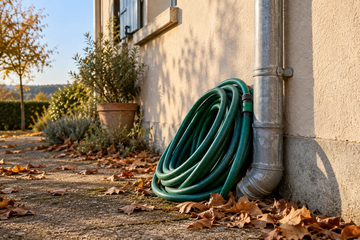 Tuyau d’arrosage vert enroulé au pied d’une descente de gouttière en zinc, feuilles mortes au sol