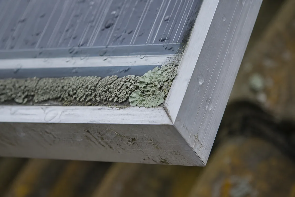 Bordure basse d&rsquo;un module photovoltaïque marquée par un dépôt gris incrusté le long du cadre