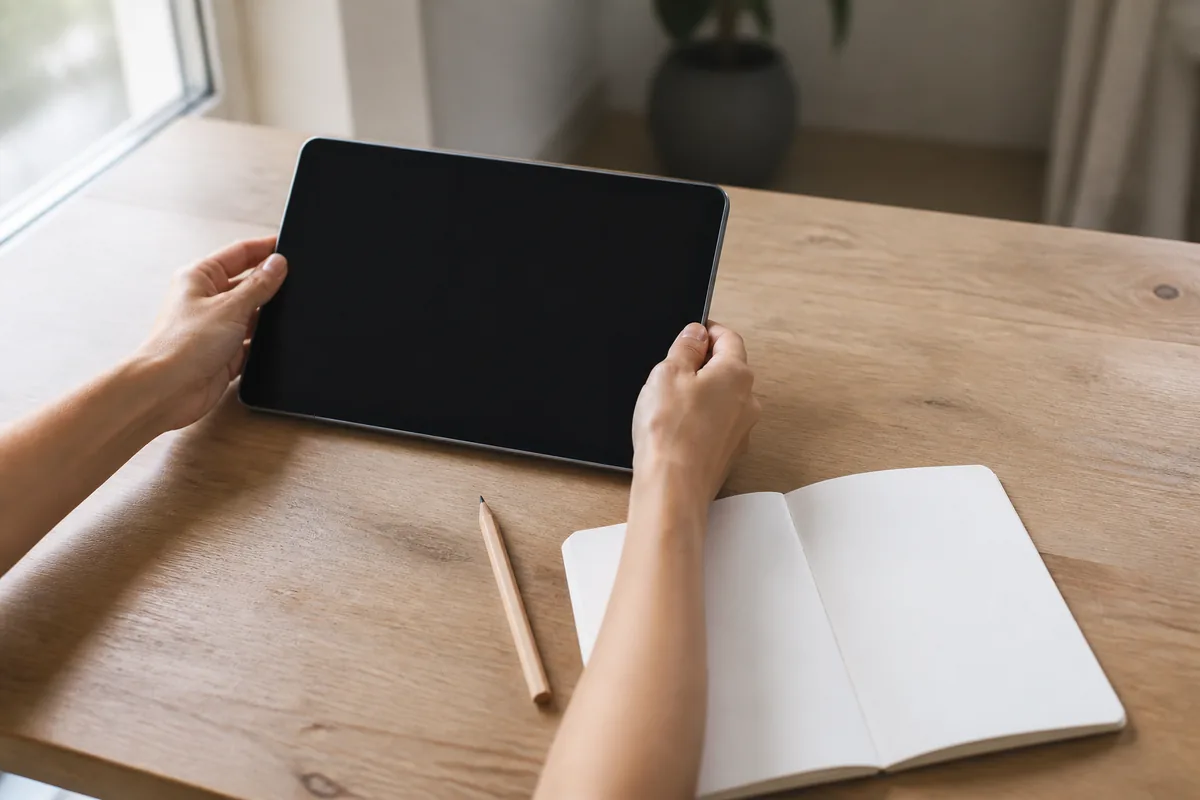 Mains posant une tablette à l&rsquo;écran éteint sur une table en bois près d&rsquo;une fenêtre lumineuse