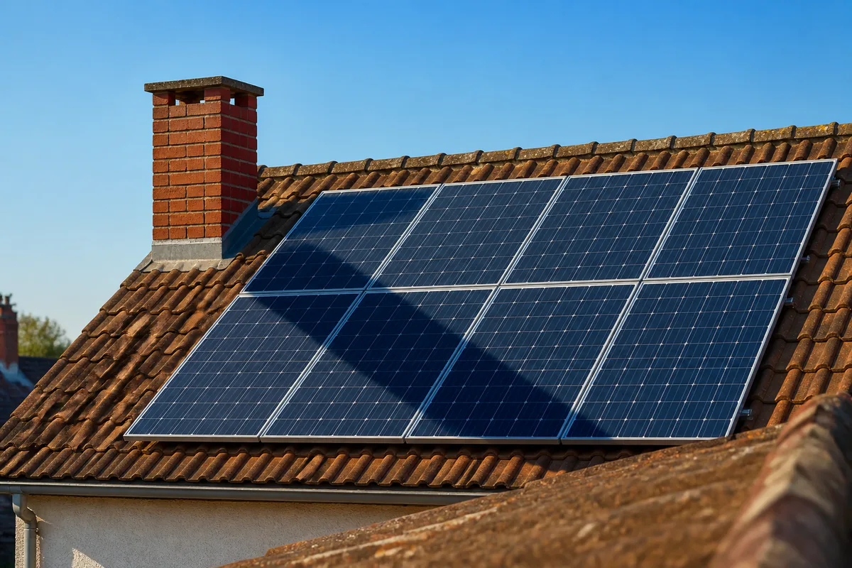 Ombre portée d&rsquo;une cheminée sur une rangée de modules photovoltaïques en fin de journée