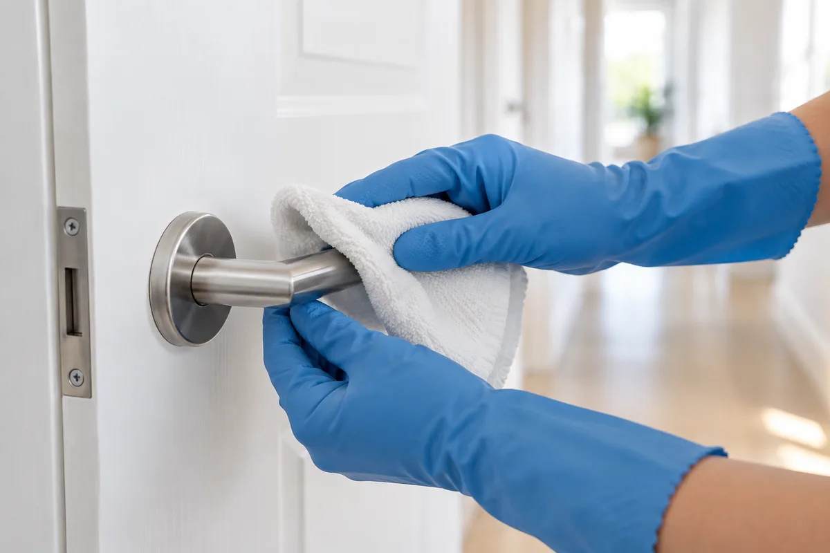 Mains gantées essuyant une poignée de porte avec un chiffon blanc